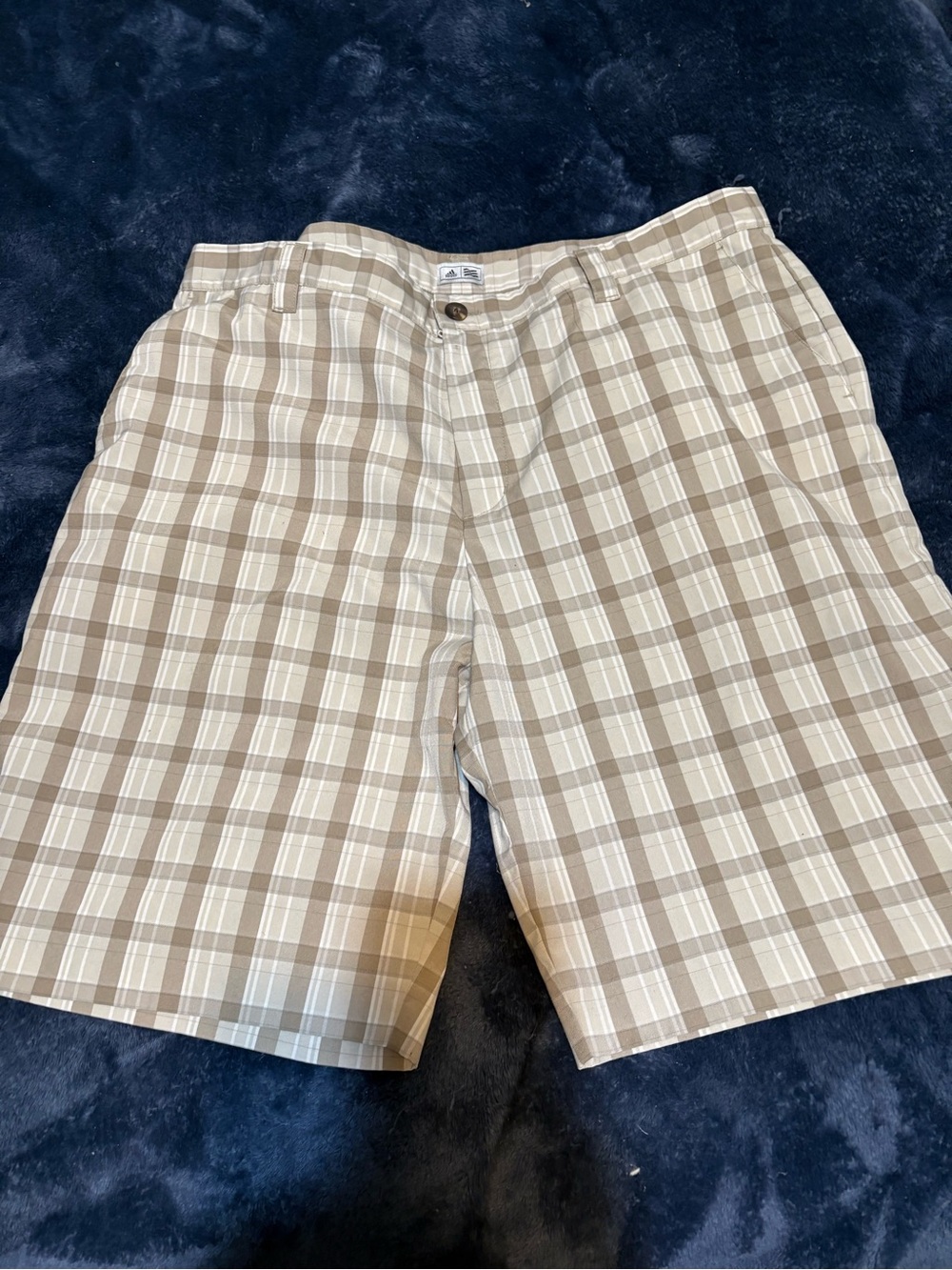 adidas Men's Tan and White Plaid Flat Front Shorts
